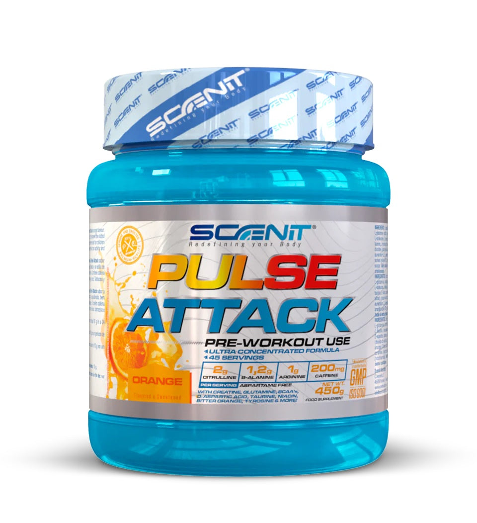 Pulse Attack - 450 g - Pre-workout for training with arginine, beta alanine, citrulline, creatine, taurine...  Orange